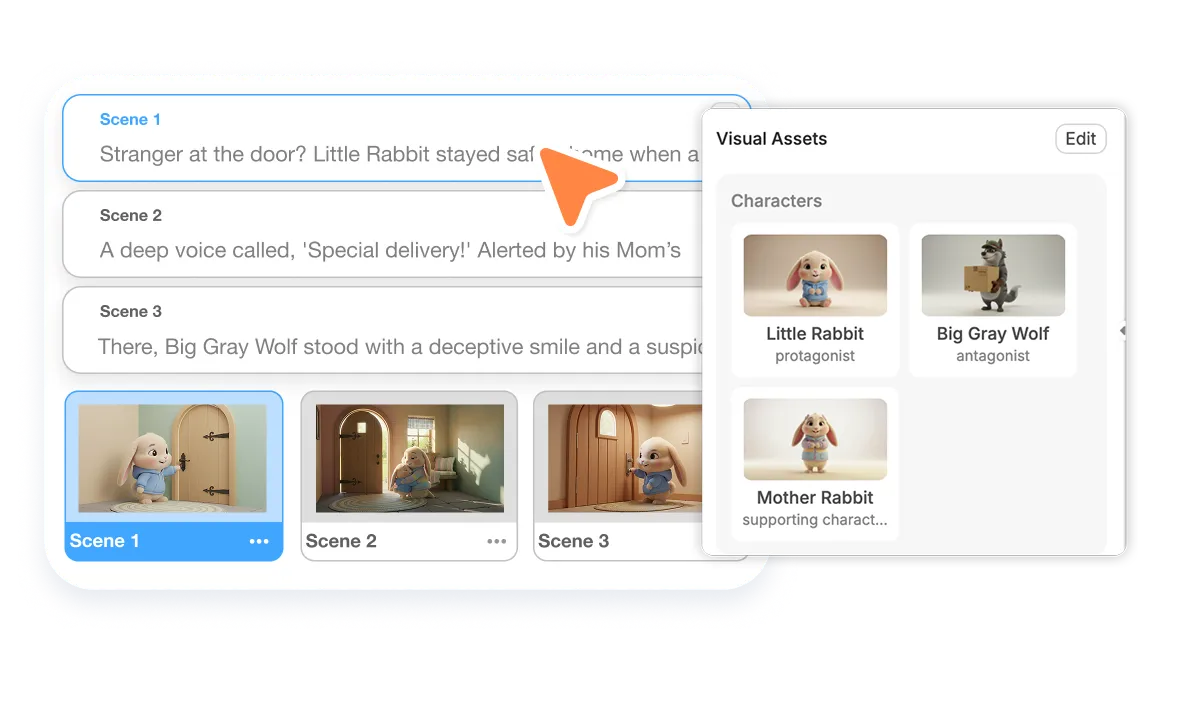 Consistent characters and environments across storyboard scenes in AI Director Mode